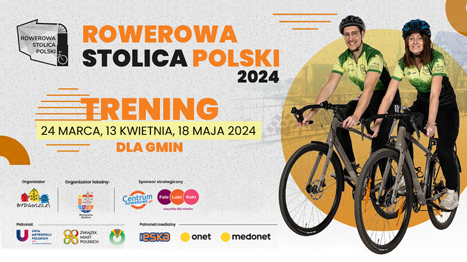 [obraz] Rowerowa Stolica Polski, trening 24.03, 13.04, 18.05, logo gminy i aplikacji, zdjęcie dwóch rowerzystów