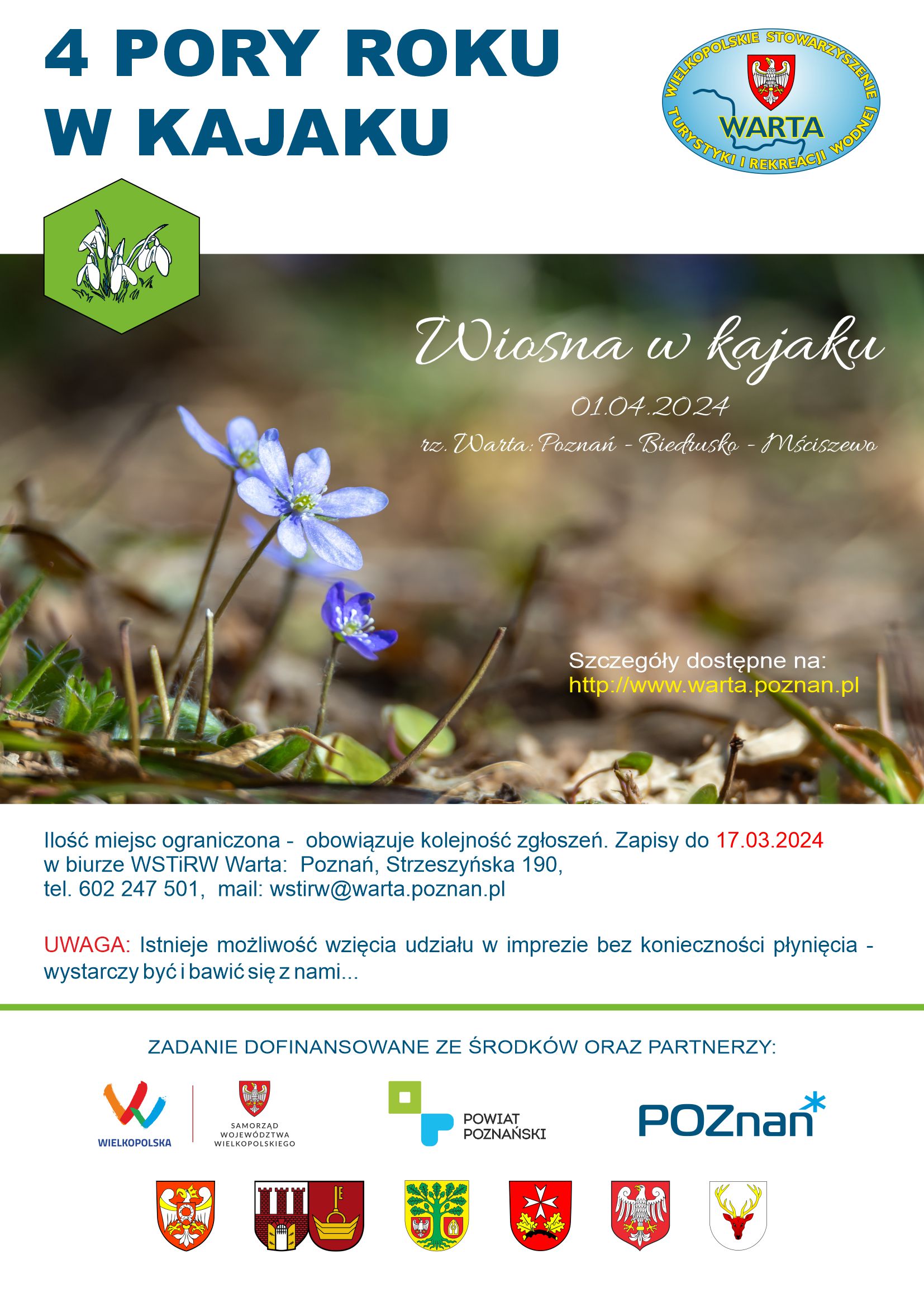 4 pory roku w kajaku, wiosna w kajaku, 1.04.2024, obowiązują zgłoszenia, ilość miejsc ograniczona, www.warta.poznan.pl, na zdjeciu kwitnące wiosenne kwiatki
