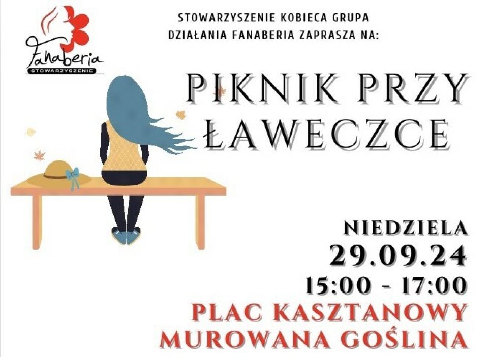 [obraz] plecy kobiety siedzącej na ławce, tekst Piknik przy ławeczce, 29.09.2024, 15:00-17:00, Plac Kasztanowy Murowana Goślina