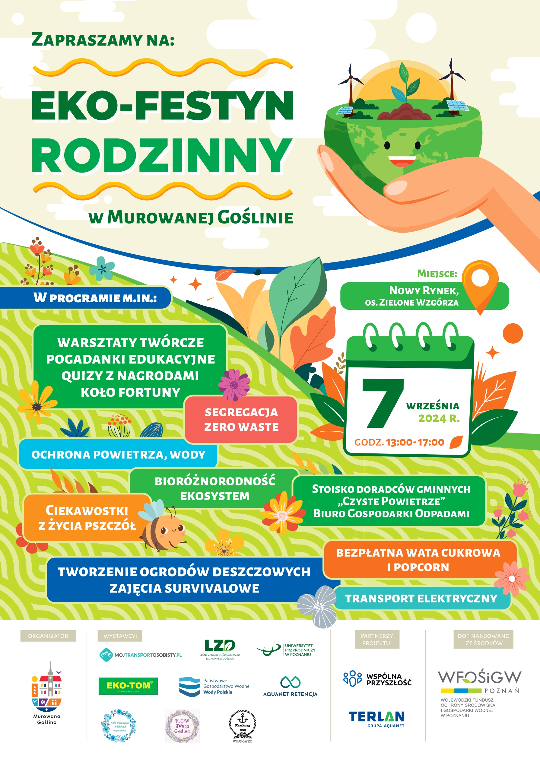 eko festyn rodzinny, zielone wzgórza, 7.09.24, godz. 13-17:00, warsztaty tematyczne, pszczelaż i życie pszczół, doradcy - Czyste powietrze, Gospodarka Odpadami, stoiska gastronomiczne Kół Gospodyń Wiejskich, punkty doradcze firm zajmujących się wywozem odpadów, ochroną środowiska, rowery elektryczne, na grafice loga organizatorów, dofinansowano z WFOŚiGW, 