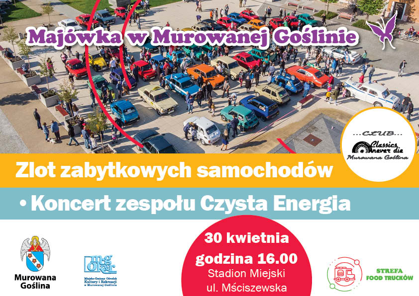 samochody stojące na placu, napisy informujące o dacie zlotu i koncercie zespołu Czysta energia 30 kwietnia, godz. 16.00